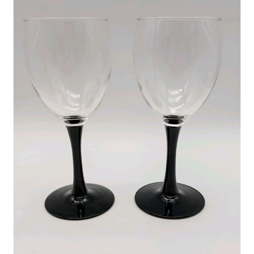 2 Vtg Domino Wine Water Goblets 6.75" Black Stem